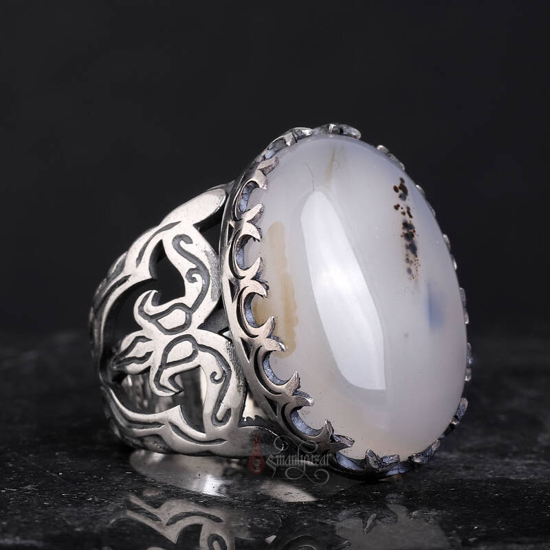 Hilal Motifli Doğal Hareli Yemen Akik El İşçiliği Gümüş Yüzük - 2