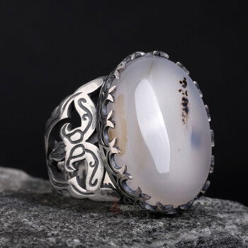 Hilal Motifli Doğal Hareli Yemen Akik El İşçiliği Gümüş Yüzük - 1