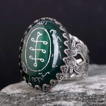 Hz. Ali Güç Tılsımı Elde Oyma Sanatı Doğal Yeşil Akik Taşlı Gümüş Yüzük - 2