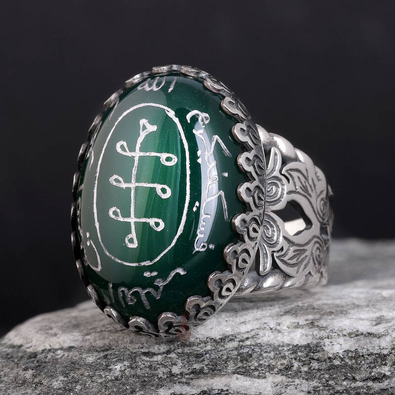 Hz. Ali Güç Tılsımı Elde Oyma Sanatı Doğal Yeşil Akik Taşlı Gümüş Yüzük - 2