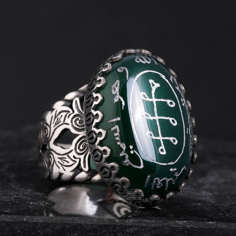 Hz. Ali Güç Tılsımı Elde Oyma Sanatı Doğal Yeşil Akik Taşlı Gümüş Yüzük - 4