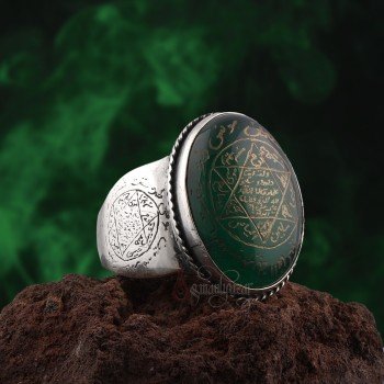 Hz. Süleyman Mührü Yeşil Akik El Kazıması Gümüş Yüzük - Thumbnail