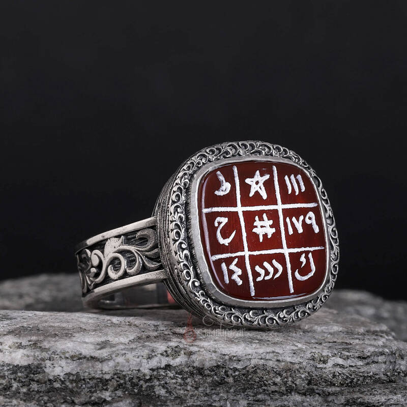 İsmi Azam Cetveli El Yazması Vefkli Akik Yüzük - 1