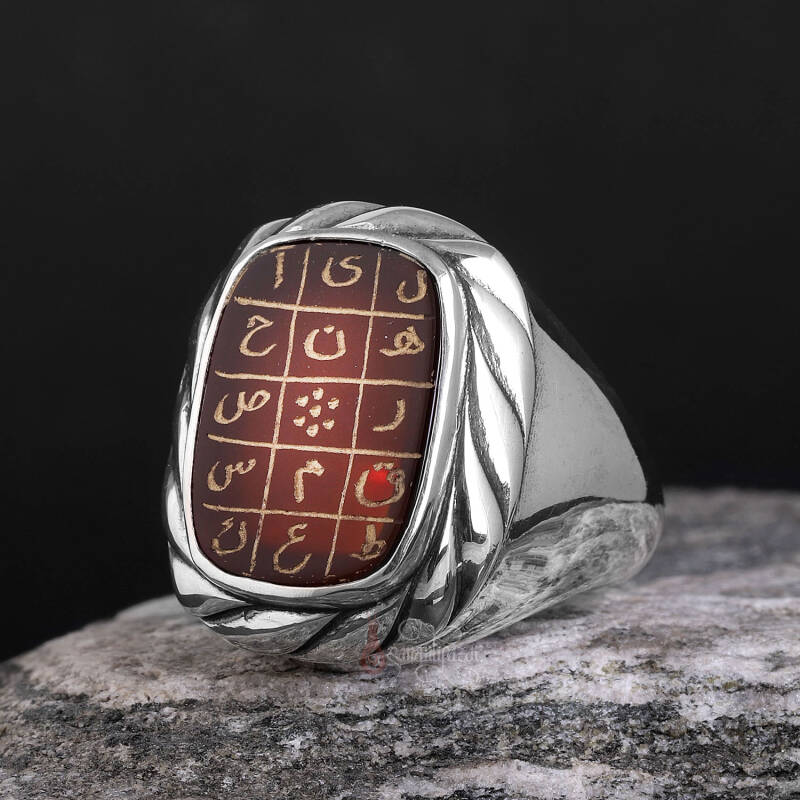 İsmi Azam Huruf Mukatta Harfleri Yazılı Akik Taşı Gümüş Yüzük - 1