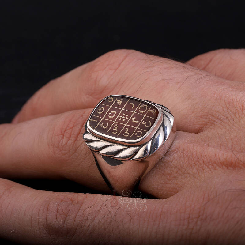 İsmi Azam Huruf Mukatta Harfleri Yazılı Akik Taşı Gümüş Yüzük - 3