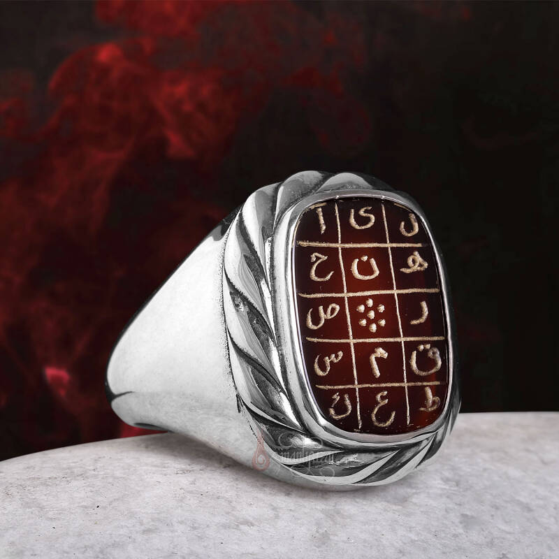 İsmi Azam Huruf Mukatta Harfleri Yazılı Akik Taşı Gümüş Yüzük - 4