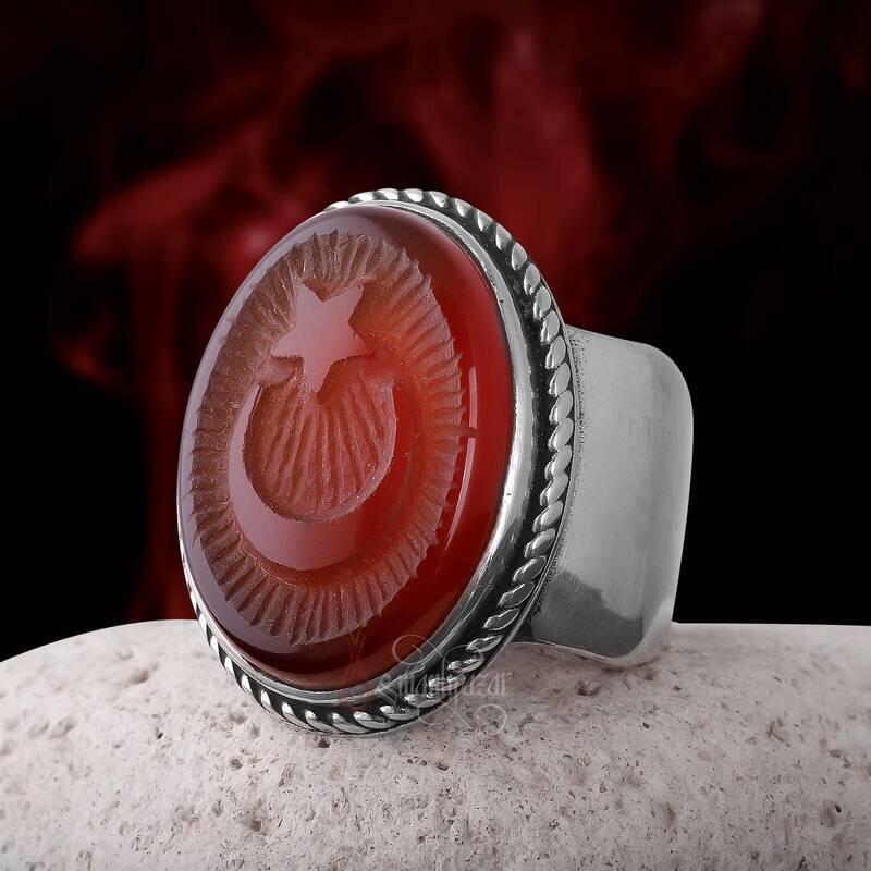 Kabartmalı Ay Yıldız Yemen Akik Taşı 925 Ayar Gümüş Yüzük - 1