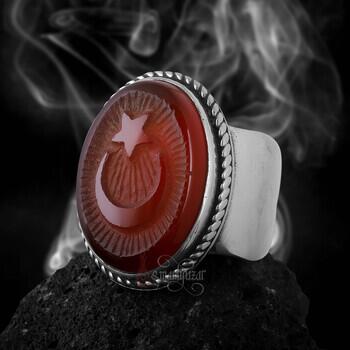 Kabartmalı Ay Yıldız Yemen Akik Taşı 925 Ayar Gümüş Yüzük - 3