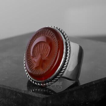 Kabartmalı Ay Yıldız Yemen Akik Taşı 925 Ayar Gümüş Yüzük - 4