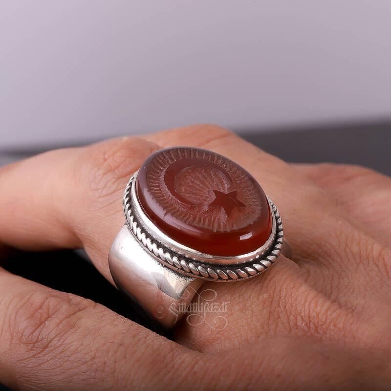 Kabartmalı Ay Yıldız Yemen Akik Taşı 925 Ayar Gümüş Yüzük - 5