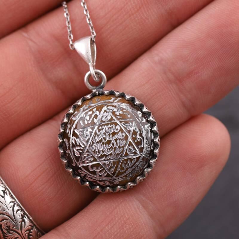 Kaplangözü Doğal Taşlı Süleyman Mührü Gümüş Kolye - 3