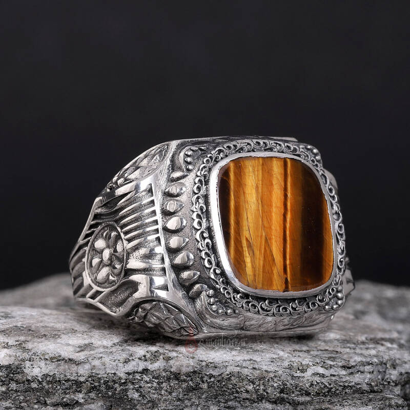 Kaplangözü Taşı Retro Tasarım 925 Ayar Gümüş Yüzük - 1