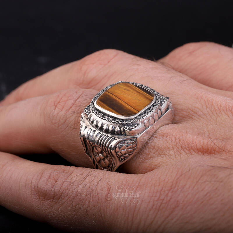 Kaplangözü Taşı Retro Tasarım 925 Ayar Gümüş Yüzük - 4