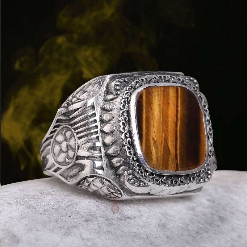 Kaplangözü Taşı Retro Tasarım 925 Ayar Gümüş Yüzük - 5