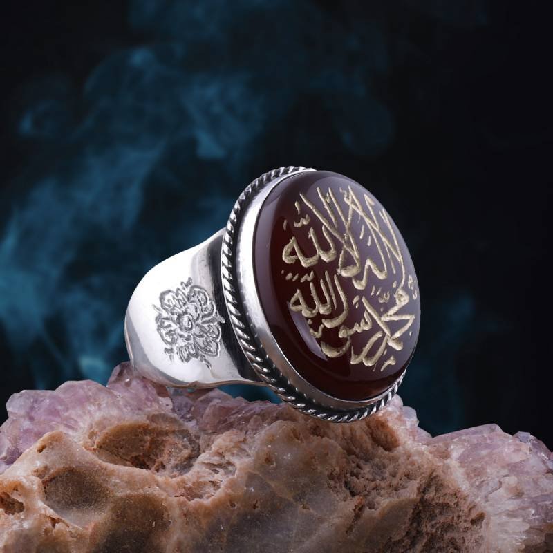 Kelime-i Tevhid Yazılı Orjinal Yemen Akik Taşlı Gümüş Yüzük
