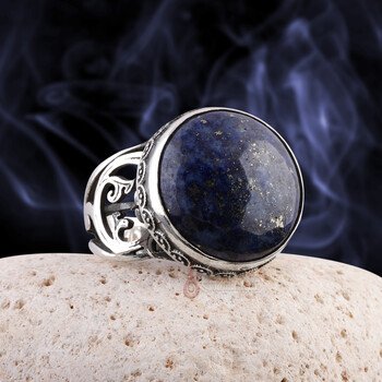 Kenarları İşlemeli Lapis Lazuli Taşı 925 Ayar Gümüş Yüzük - Thumbnail