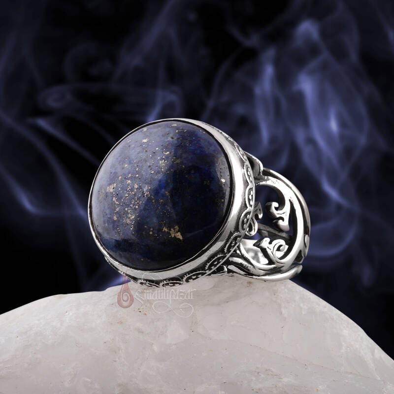 Kenarları İşlemeli Lapis Lazuli Taşı 925 Ayar Gümüş Yüzük