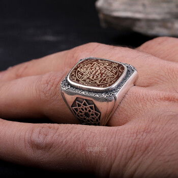 Kenarları Osmanlı Motifi El Kazıması Mührü Süleyman Akik Yüzük - 2