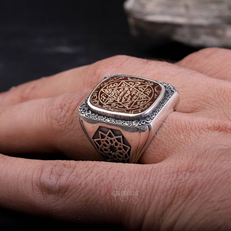 Kenarları Osmanlı Motifi El Kazıması Mührü Süleyman Akik Yüzük - 2