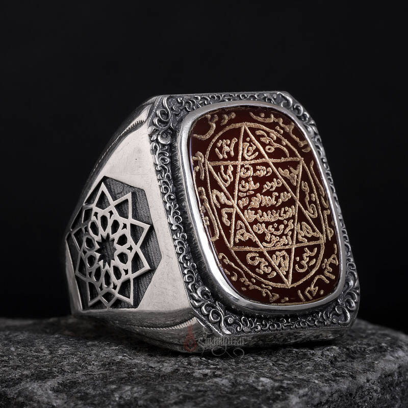 Kenarları Osmanlı Motifi El Kazıması Mührü Süleyman Akik Yüzük - 1