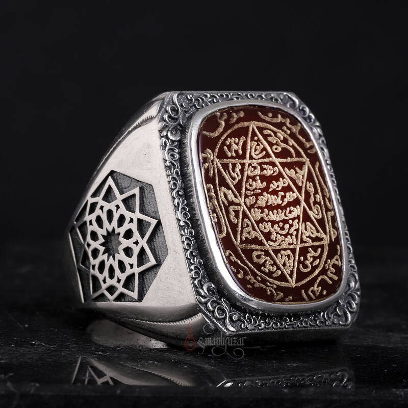 Kenarları Osmanlı Motifi El Kazıması Mührü Süleyman Akik Yüzük - 5