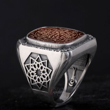 Kenarları Osmanlı Motifi El Kazıması Mührü Süleyman Akik Yüzük - 4