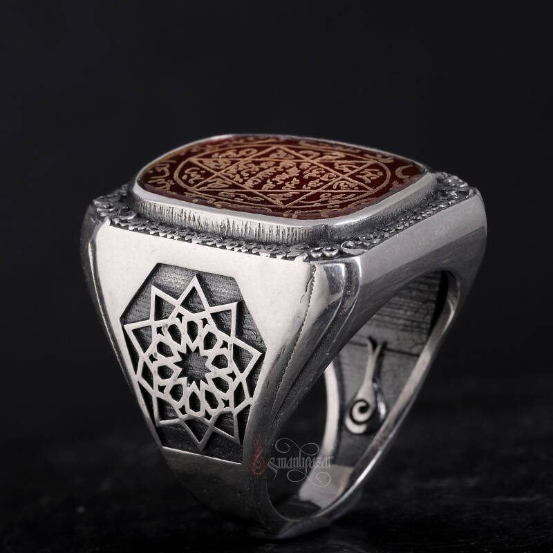 Kenarları Osmanlı Motifi El Kazıması Mührü Süleyman Akik Yüzük - 4