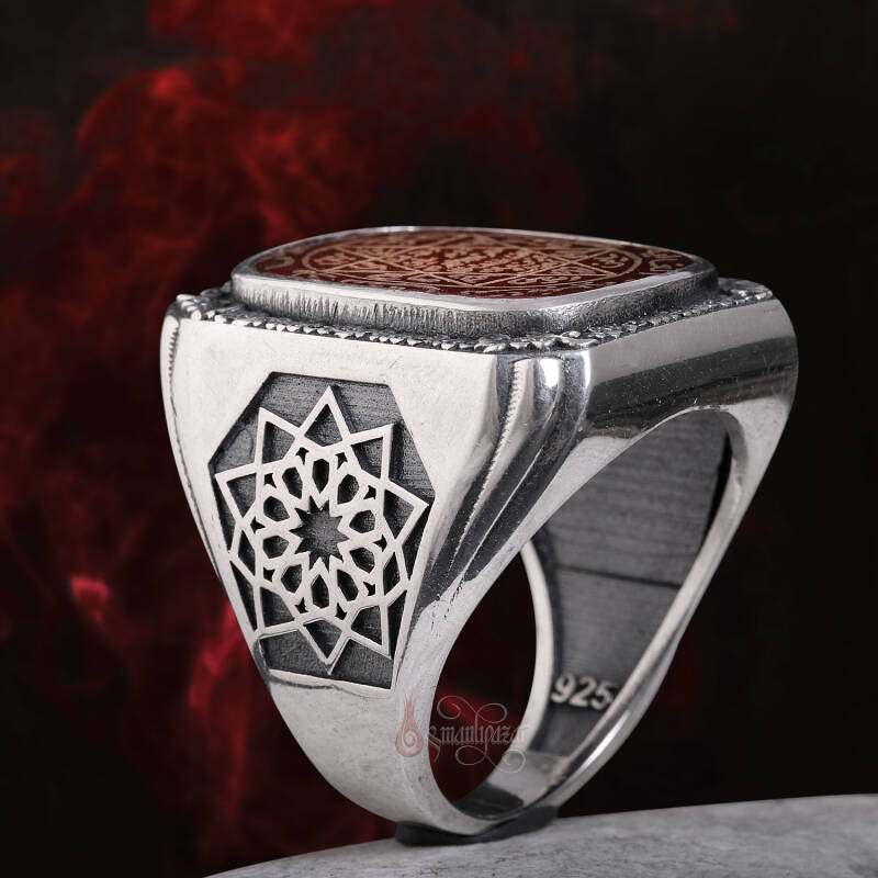 Kenarları Osmanlı Motifi El Kazıması Mührü Süleyman Akik Yüzük - 3