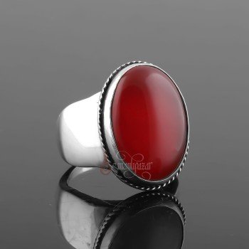 Kırmızı Akik 925 Ayar Gümüş Sade Model Yüzük - Thumbnail