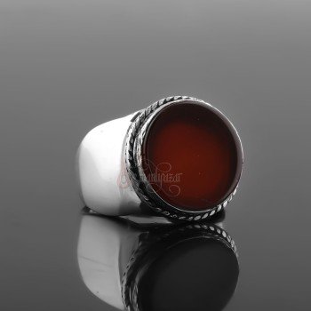 Kırmızı Akik Doğal Taşlı 925 Ayar Gümüş Sade Model Yüzük - Thumbnail