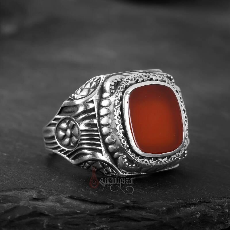 Kırmızı Akik Taşı Retro Tasarım 925 Ayar Gümüş Yüzük - 1