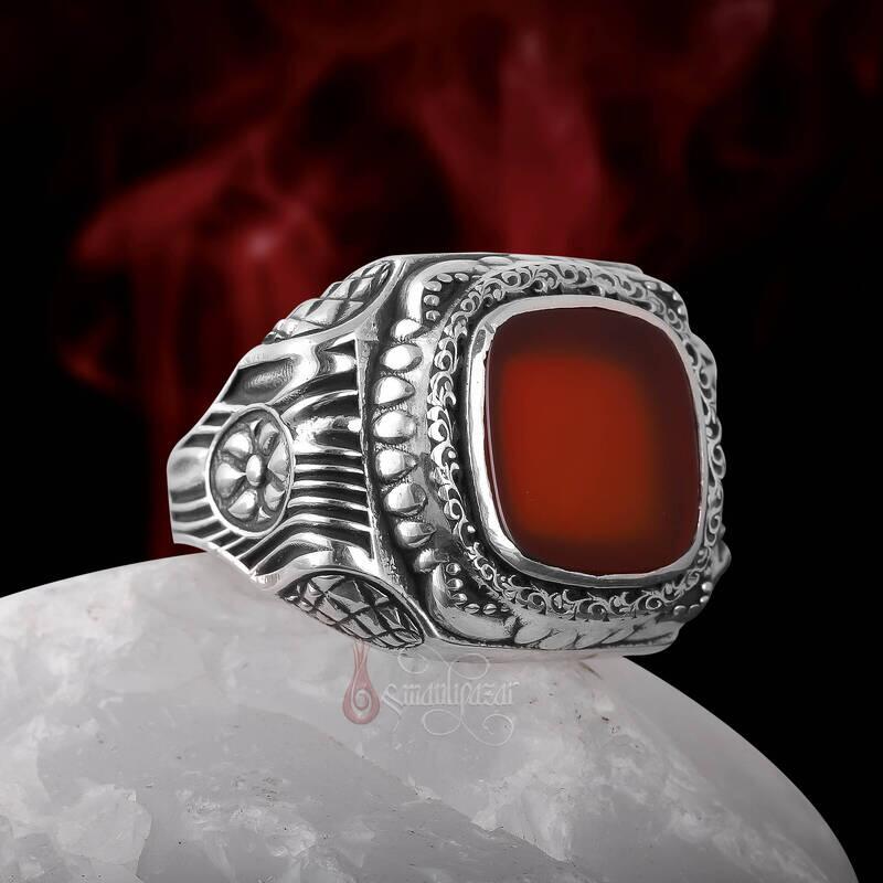 Kırmızı Akik Taşı Retro Tasarım 925 Ayar Gümüş Yüzük - 2