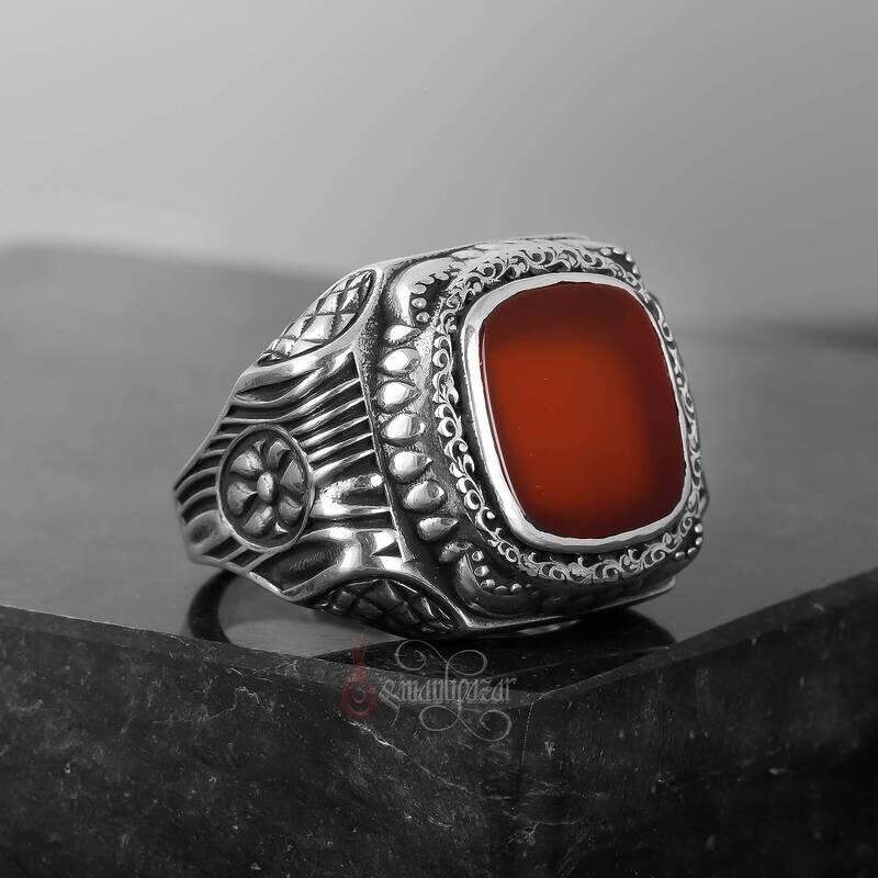 Kırmızı Akik Taşı Retro Tasarım 925 Ayar Gümüş Yüzük - 3