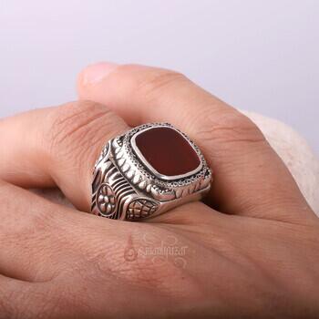 Kırmızı Akik Taşı Retro Tasarım 925 Ayar Gümüş Yüzük - 4