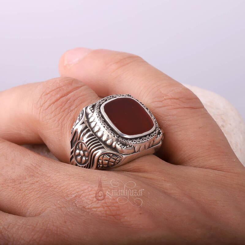 Kırmızı Akik Taşı Retro Tasarım 925 Ayar Gümüş Yüzük - 4