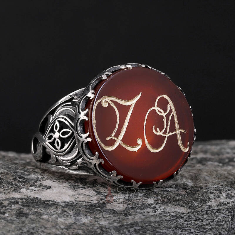 Kişiye Özel Harf Elde Oyma Hat Sanatı Akik Taşı Gümüş Yüzük - 1