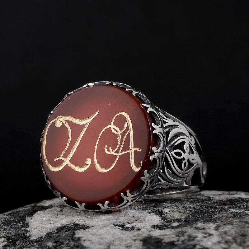 Kişiye Özel Harf Elde Oyma Hat Sanatı Akik Taşı Gümüş Yüzük - 2