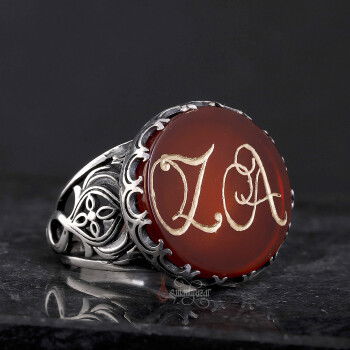 Kişiye Özel Harf Elde Oyma Hat Sanatı Akik Taşı Gümüş Yüzük - 3