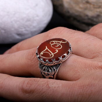 Kişiye Özel Harf Elde Oyma Hat Sanatı Akik Taşı Gümüş Yüzük - 4