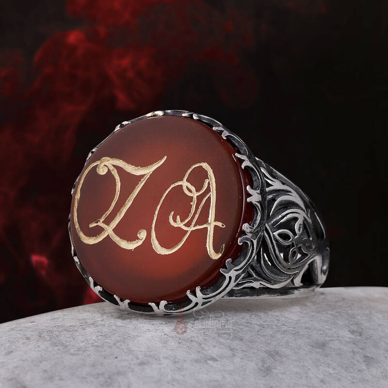 Kişiye Özel Harf Elde Oyma Hat Sanatı Akik Taşı Gümüş Yüzük - 5