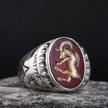 Koç Burcu Sembolü El Kazıması Akik Taşı Gümüş Yüzük - 1