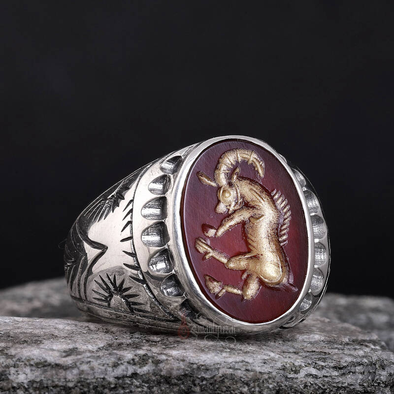 Koç Burcu Sembolü El Kazıması Akik Taşı Gümüş Yüzük - 1