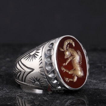 Koç Burcu Sembolü El Kazıması Akik Taşı Gümüş Yüzük - 2