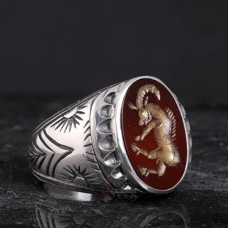 Koç Burcu Sembolü El Kazıması Akik Taşı Gümüş Yüzük - 2