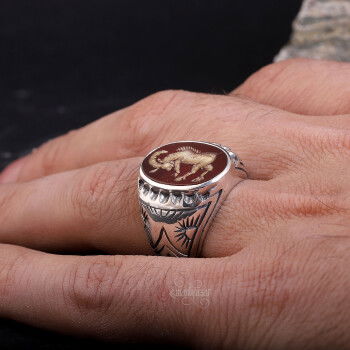 Koç Burcu Sembolü El Kazıması Akik Taşı Gümüş Yüzük - 3