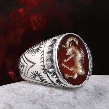 Koç Burcu Sembolü El Kazıması Akik Taşı Gümüş Yüzük - 4