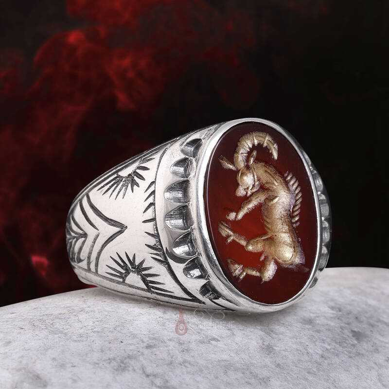 Koç Burcu Sembolü El Kazıması Akik Taşı Gümüş Yüzük - 4