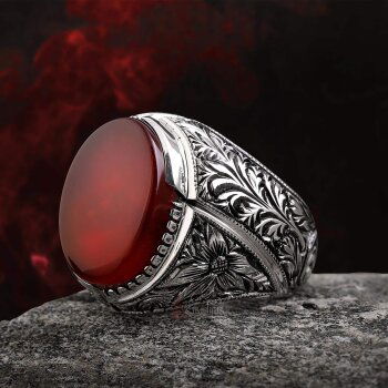 Koleksiyonluk Nurullah Daştan Usta Yemen Akik Taşlı Erzurum Kalem İşİ 925 Ayar Gümüş Yüzük - 1