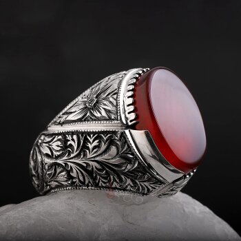 Koleksiyonluk Nurullah Daştan Usta Yemen Akik Taşlı Erzurum Kalem İşİ 925 Ayar Gümüş Yüzük - 4