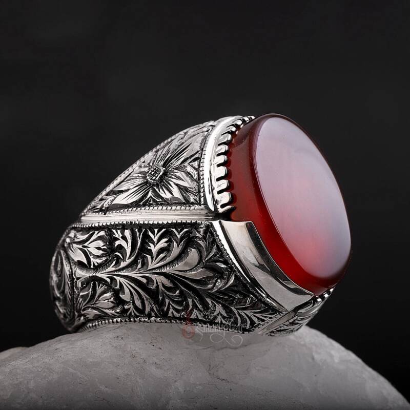 Koleksiyonluk Nurullah Daştan Usta Yemen Akik Taşlı Erzurum Kalem İşİ 925 Ayar Gümüş Yüzük - 4